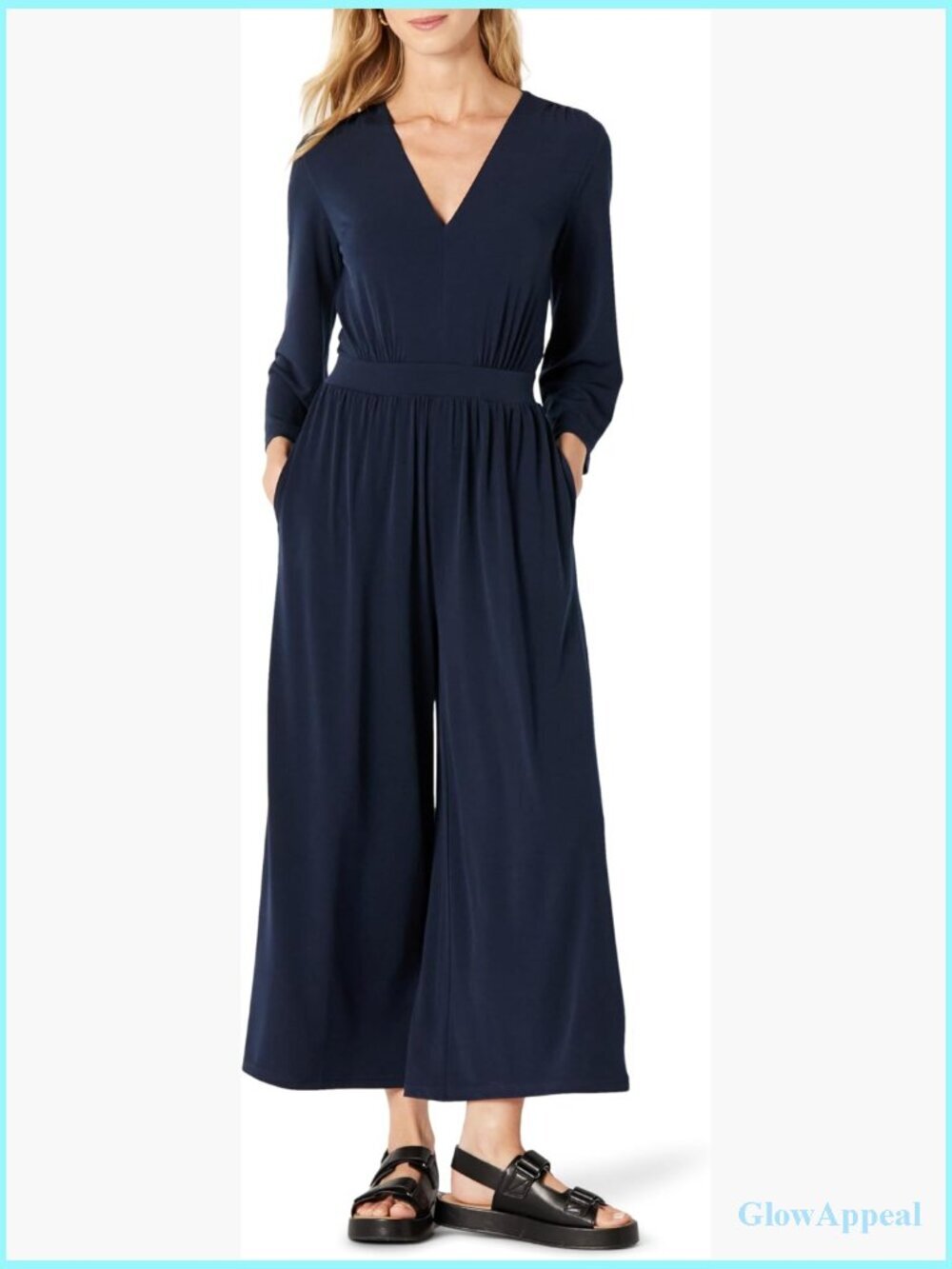 Relaxed-Fit Wide-Leg Jumpsuit with V-Neck, Long Sleeve, Maxi Length